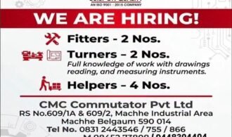 CMC Commutator Pvt Ltd is hiring Fitters, Turners and Helpers in Machche Industrial Area, Belgaum. Check vacancies and contact details to apply.